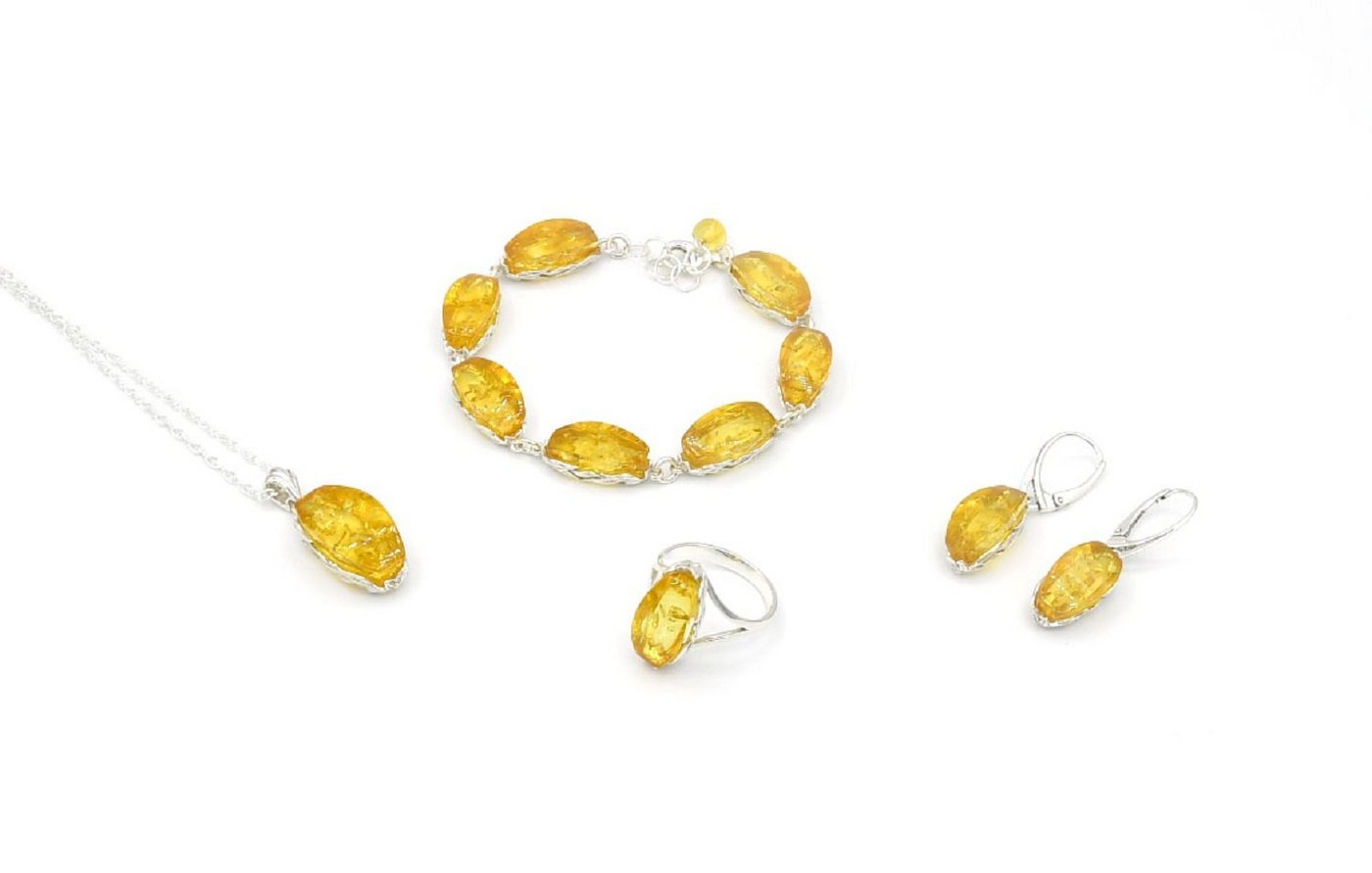 MyBer® Schmuckset Bernstein Set Halskette Pendant Armband Ohrringe Ring hellgelb (6-tlg), Schmuck Set Damen Silber 925 PMBER10 von MyBer®