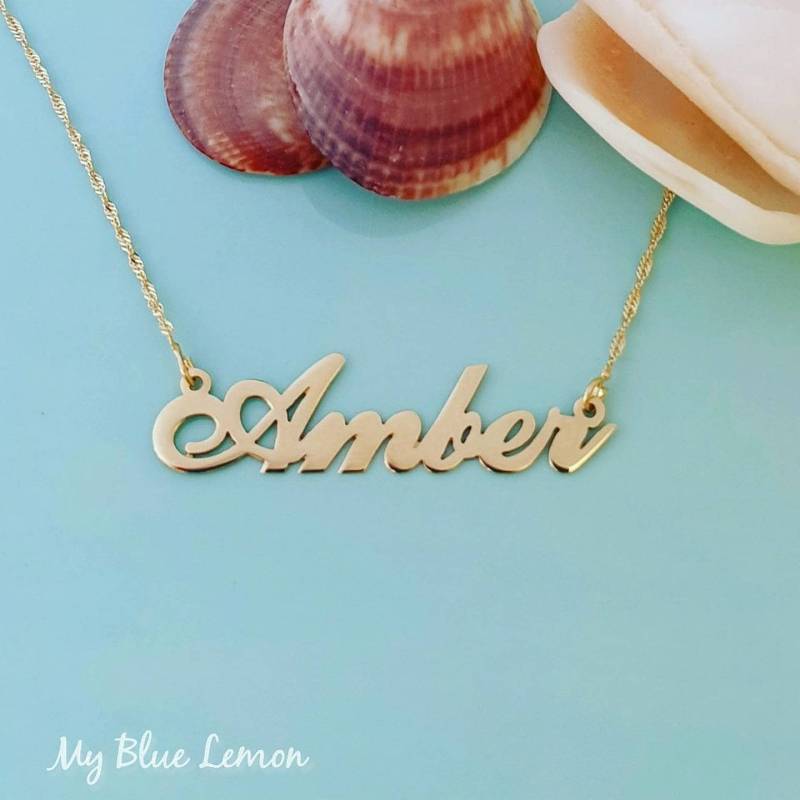 Amber Style Name Halskette Real Gold Solid 14K Typenschild Und Kette von MyBlueLemon