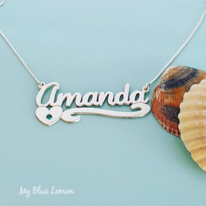 Namenskette Silber Amanda Style Herz-Geburtsstein Design Massiv Sterling 925 von MyBlueLemon