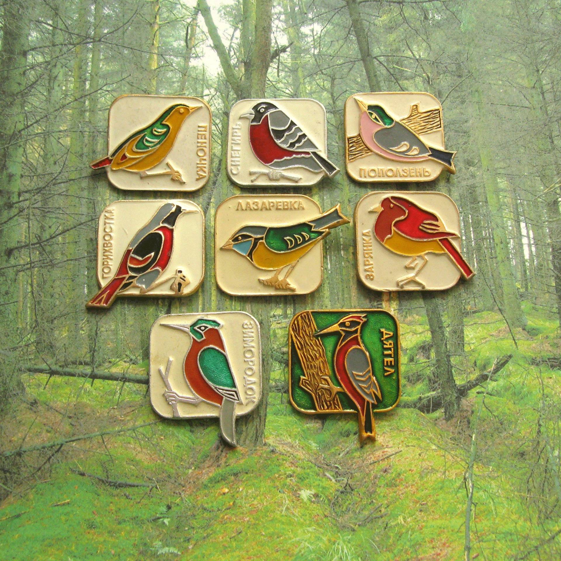 Vintage Udssr Vogel Pins Metall Anstecknadel Brosche Set von MyBootSale