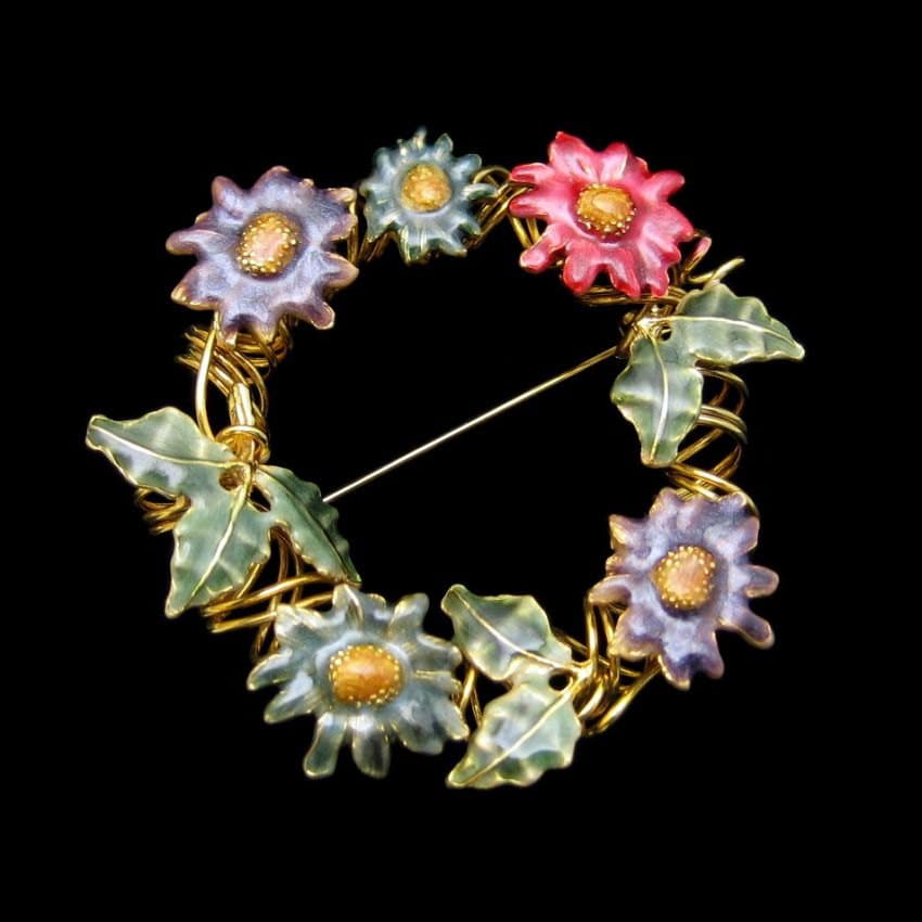 Jahrgang Kranz Brosche Pin Große Mitte Jahrhundert Farbige Emaille Blumen Schraubte Goldtone Einzigartig von MyClassicJewelry