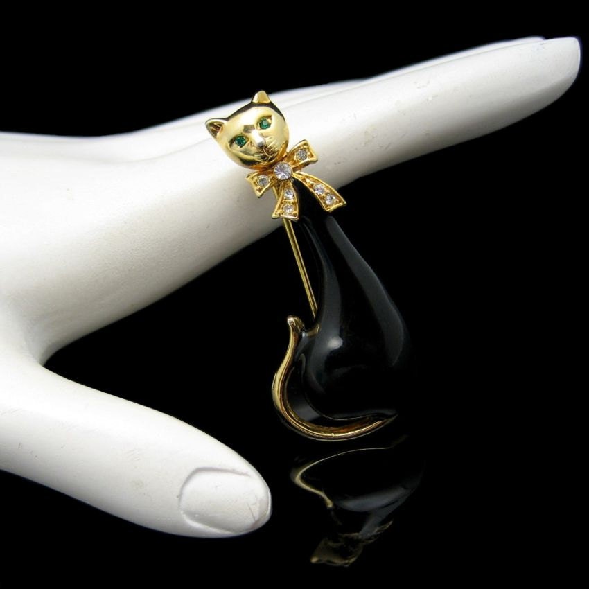 Jahrgang Siamkatze Brosche Pin Mitte Jahrhundert Schwarz Lack Strass Figural Grüne Augen von MyClassicJewelry