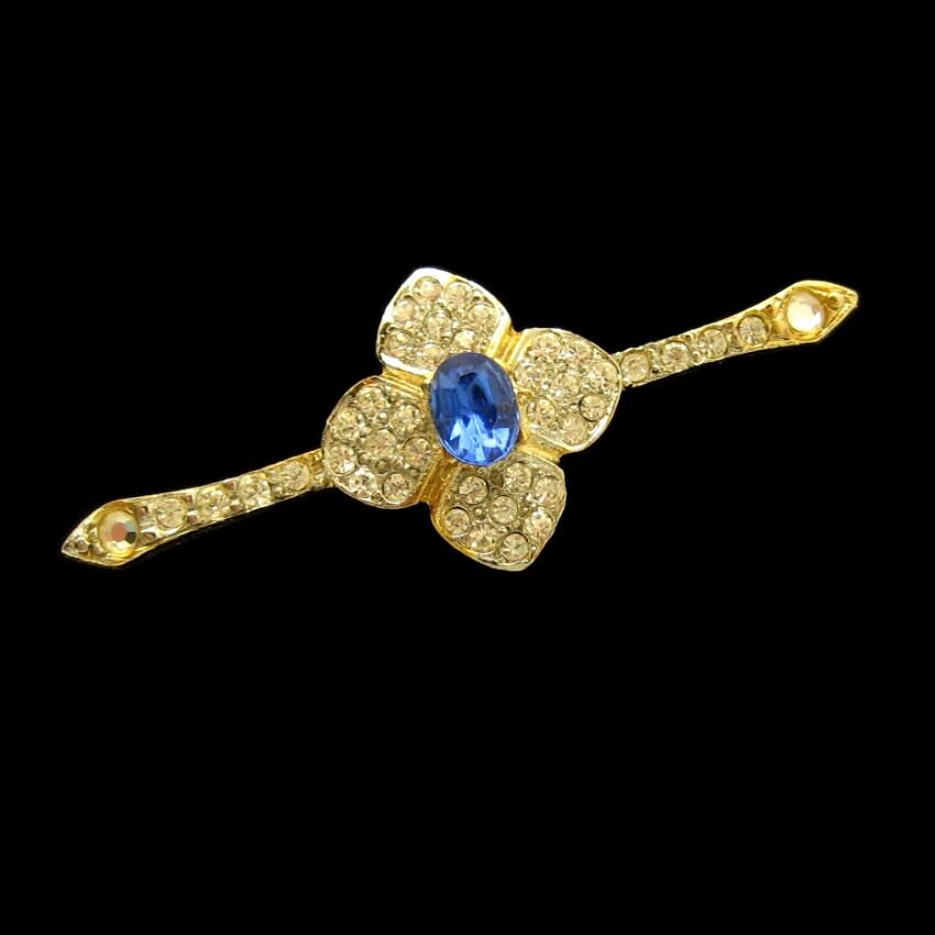 Vintage Bar Brosche Pin Mitte Jahrhundert Trefoil Blau Glas Strass Großer Stein Elegant von MyClassicJewelry