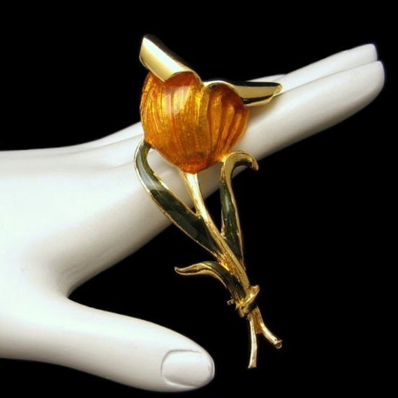 Vintage Blumen Brosche Pin Mitte Jahrhundert Emaille Riesige Leuchtend Gelb Gold Orange Grün von MyClassicJewelry