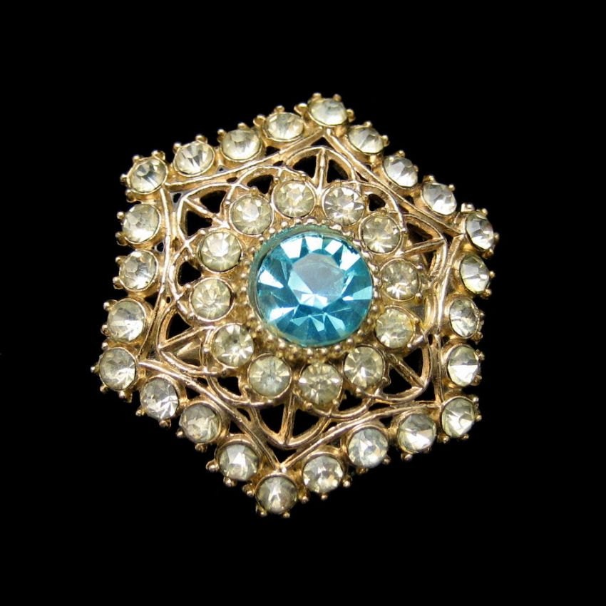 Vintage Strass Snowflake Brosche Pin Mitte Jahrhundert Aqua Glas Hübsch Hexagon von MyClassicJewelry