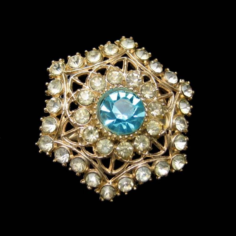 Vintage Strass Snowflake Brosche Pin Mitte Jahrhundert Aqua Glas Hübsch Hexagon von MyClassicJewelry