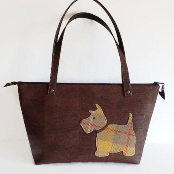 Braune Korktasche Mit Harris Tweed Scottish Terrier-Applikation von MyCottonHouse
