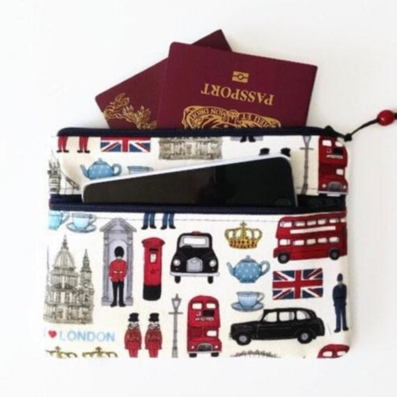 Doppel Zip Beutel - Reisepass Geldbörse Handy I Love London Stoff von MyCottonHouse