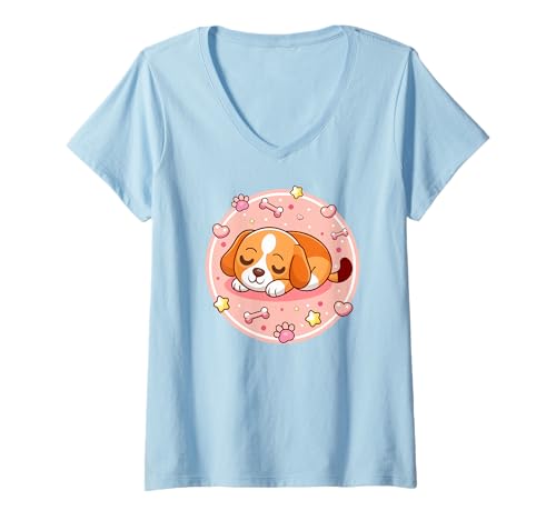 Damen Super Süßer Schlafender Hund im Comic Stil T-Shirt mit V-Ausschnitt Damen Super Süßer Schlafender Hund im Comic Stil T-Shirt mit V-Ausschnitt von MyCuteepet