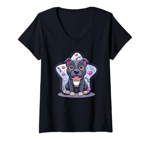 Damen Super Süßer Staffordshire Bullterrier im Comic Stil T-Shirt mit V-Ausschnitt von MyCuteepet