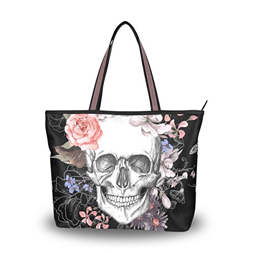 MyDaily Damen Tote Schultertasche Vintage Totenkopf mit Blumenmuster Schwarz Handtasche, Mehrfarbig - mehrfarbig - Größe: Large von MyDaily