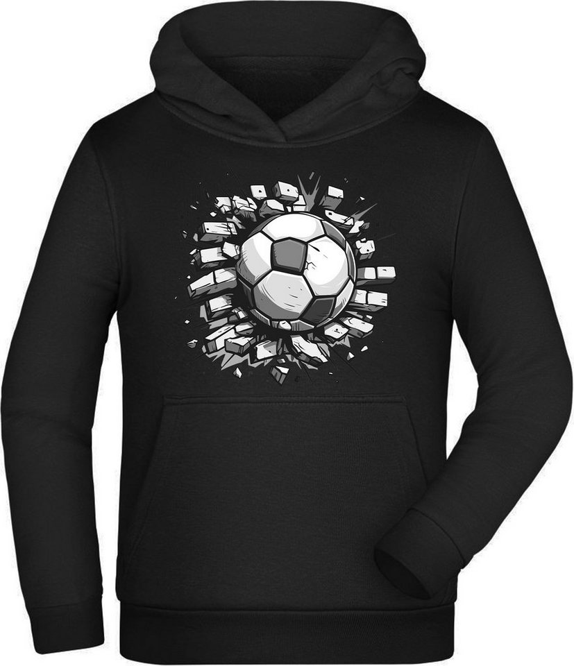 MyDesign24 Hoodie Kinder Kapuzen Sweatshirt - Fußball Hoodie Ball fliegt durch Mauer Kapuzensweater mit Aufdruck, i481 von MyDesign24