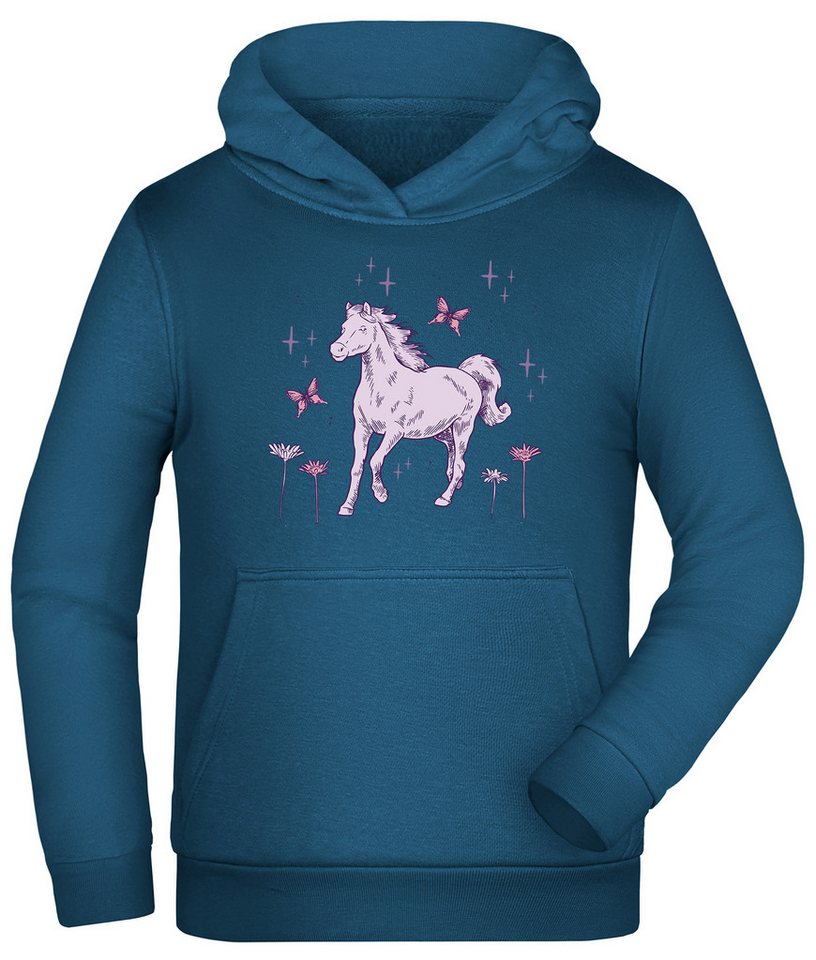 MyDesign24 Hoodie Kinder Kapuzen Sweatshirt Hoodie galoppierendes Pferd und Blumen Kapuzensweater mit Aufdruck i144 von MyDesign24