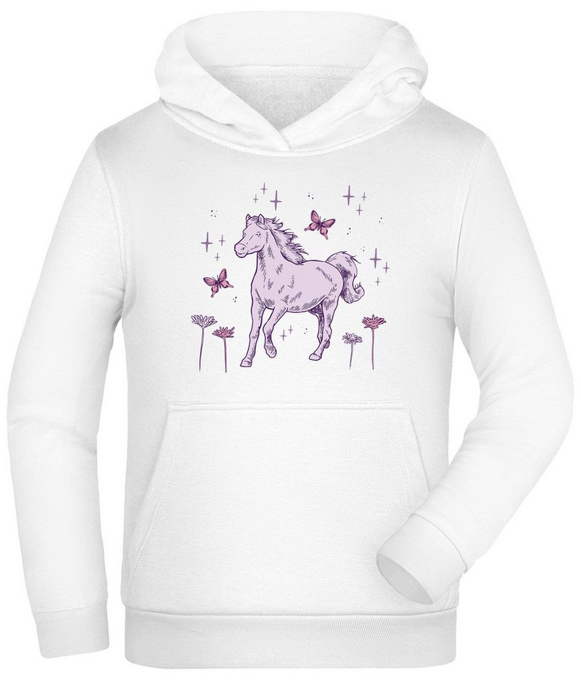 MyDesign24 Hoodie Kinder Kapuzen Sweatshirt Hoodie galoppierendes Pferd und Blumen Kapuzensweater mit Aufdruck i144 von MyDesign24