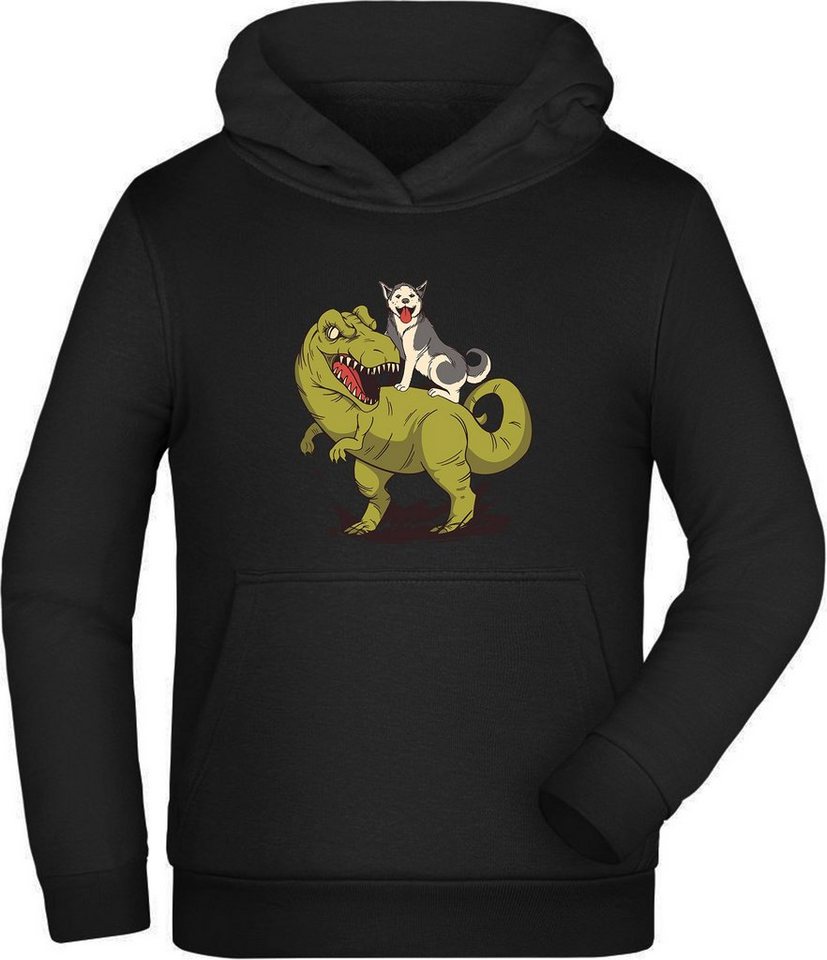MyDesign24 Hoodie Kinder Kapuzen Sweatshirt - Hund auf T-Rex Kapuzensweater mit Aufdruck, i94 von MyDesign24