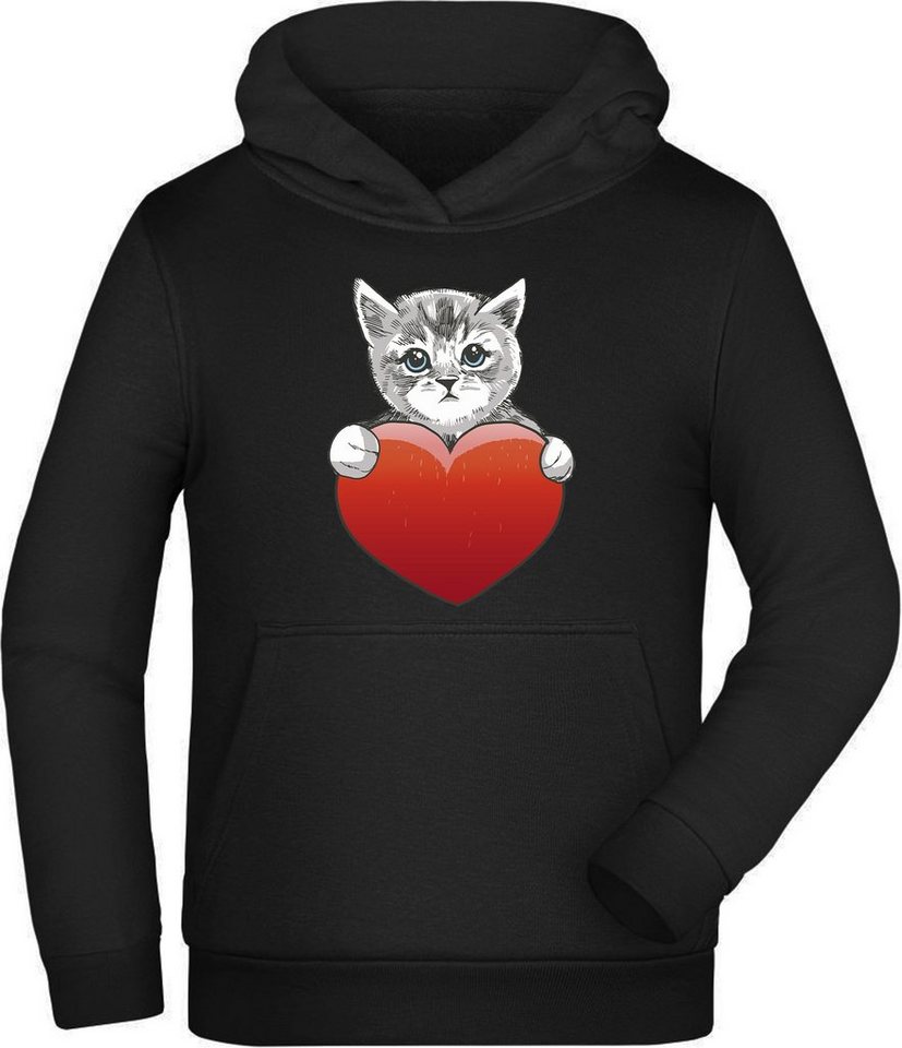 MyDesign24 Hoodie Kinder Kapuzen Sweatshirt - Katzen Hoodie mit rotem Herz Kapuzensweater mit Aufdruck, i120 von MyDesign24
