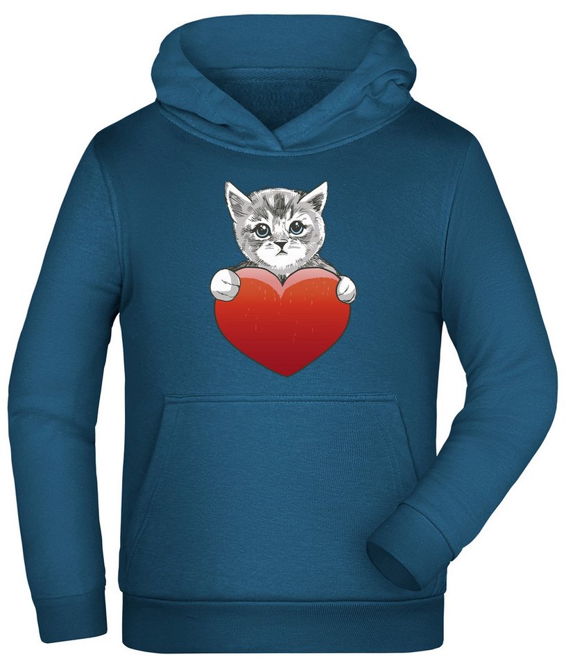 MyDesign24 Hoodie Kinder Kapuzen Sweatshirt - Katzen Hoodie mit rotem Herz Kapuzensweater mit Aufdruck i120 von MyDesign24