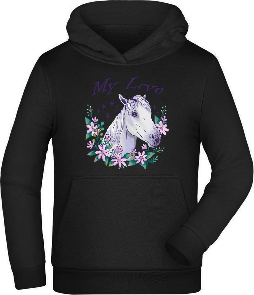 MyDesign24 Hoodie Kinder Kapuzen Sweatshirt Pferde Hoodie My Love Pferdekopf Kapuzensweater mit Aufdruck, i169 von MyDesign24