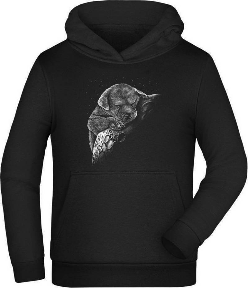 MyDesign24 Hoodie Kinder Kapuzen Sweatshirt Welpe liegend auf Mond - Kinder Hoodie Schwarzer Kapuzensweater mit Aufdruck i260 von MyDesign24
