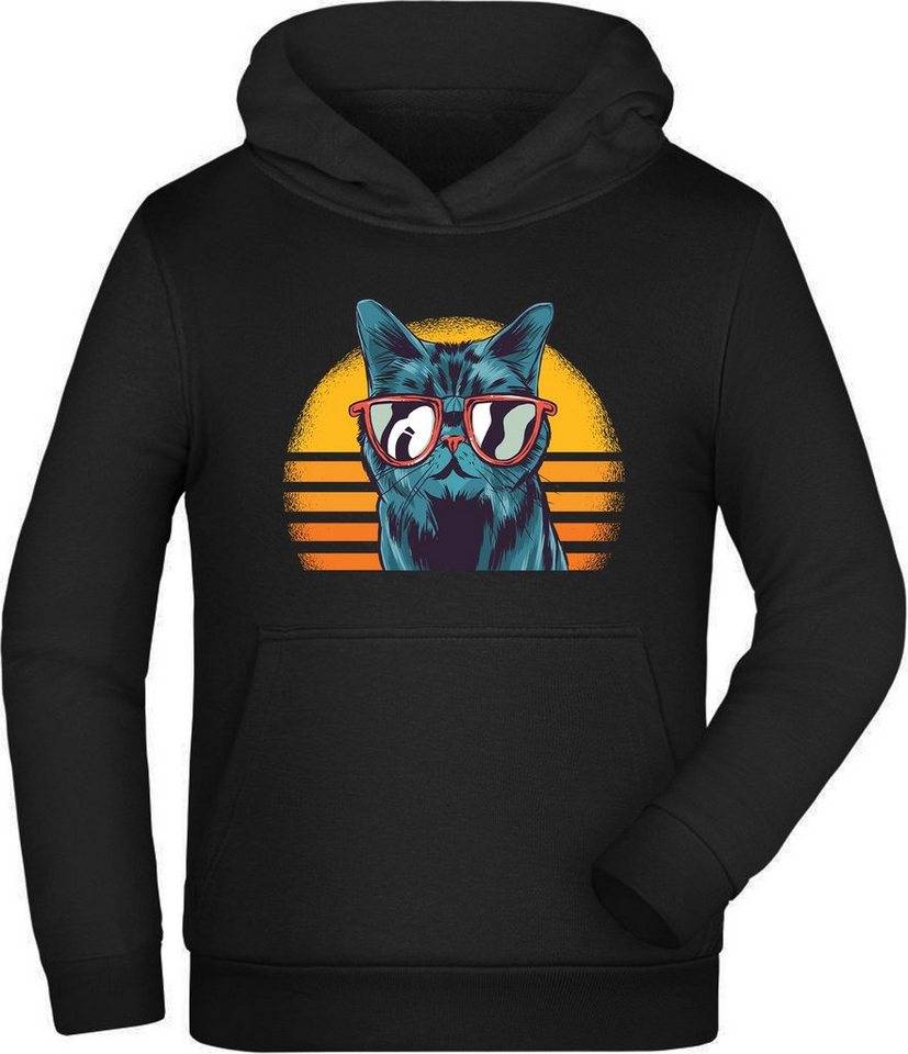 MyDesign24 Hoodie Kinder Kapuzen Sweatshirt - coole Retro Katze mit Sonnenbrille Kapuzensweater mit Aufdruck, i102 von MyDesign24