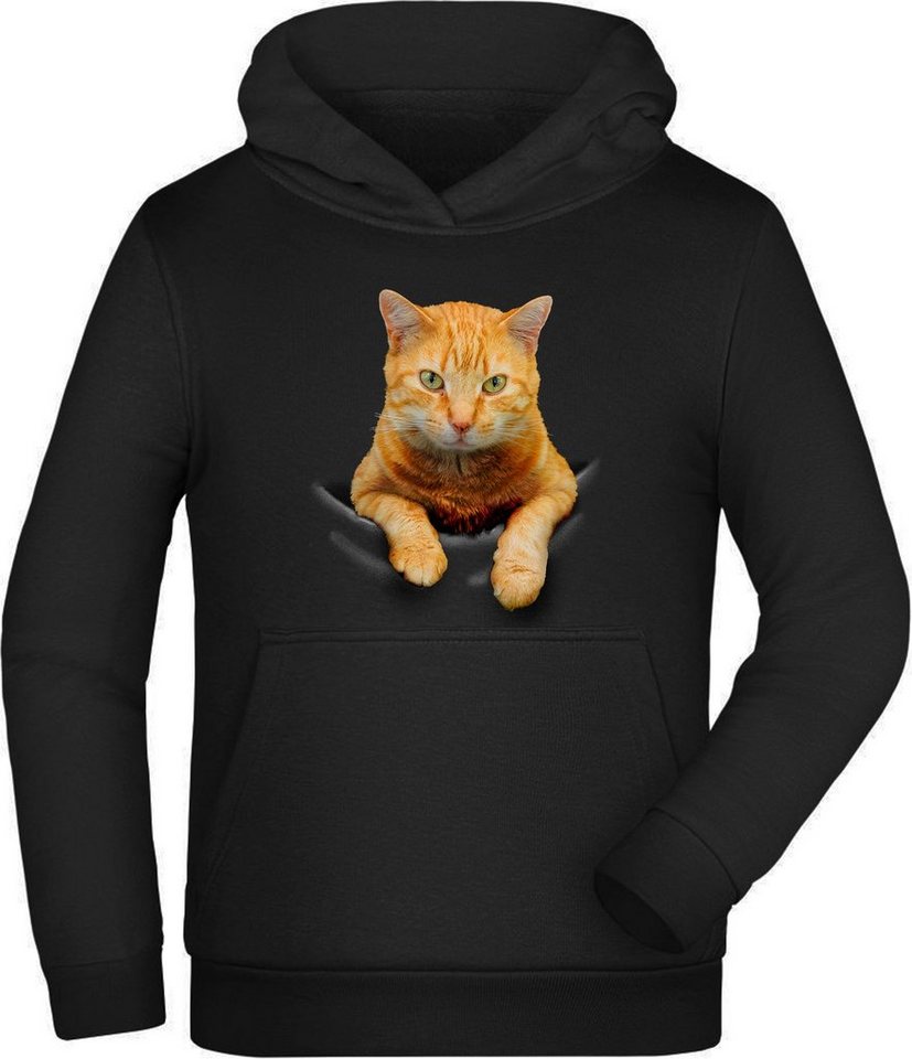 MyDesign24 Kapuzensweatshirt Kinder Hoodie bedruckt - orange, gelbe Katze aus Tasche Kapuzensweater mit Aufdruck schwarz, i109 von MyDesign24