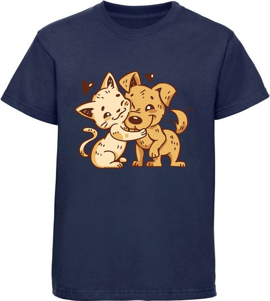 MyDesign24 Print-Shirt Kinder T-Shirt bedruckt - Hund mit Katze kuschelnd Baumwollshirt mit Aufdruck, i237 von MyDesign24