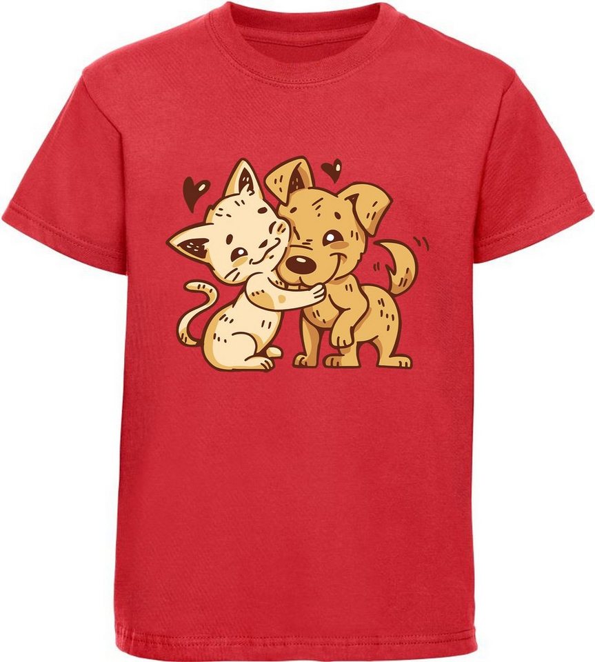 MyDesign24 Print-Shirt Kinder T-Shirt bedruckt - Hund mit Katze kuschelnd Baumwollshirt mit Aufdruck, i237 von MyDesign24