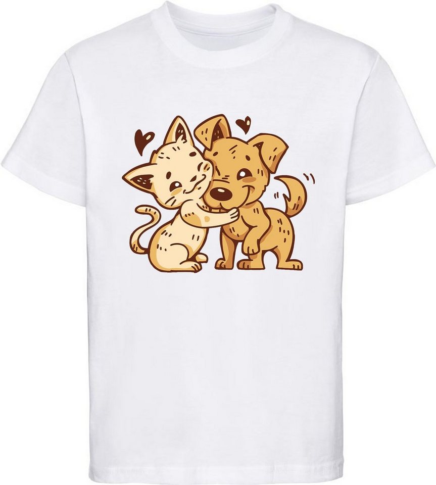 MyDesign24 Print-Shirt Kinder T-Shirt bedruckt - Hund mit Katze kuschelnd Baumwollshirt mit Aufdruck, i237 von MyDesign24