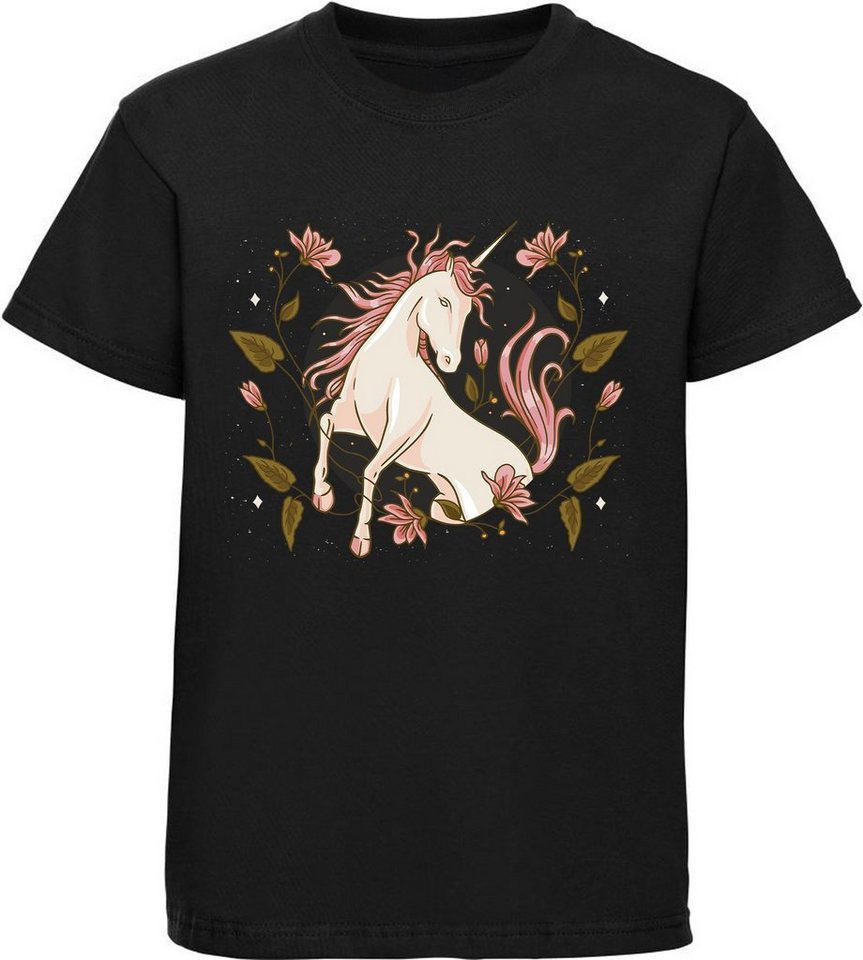 MyDesign24 Print-Shirt bedrucktes Kinder Mädchen Einhorn T-Shirt mit Blumen Baumwollshirt mit Aufdruck, i208 von MyDesign24