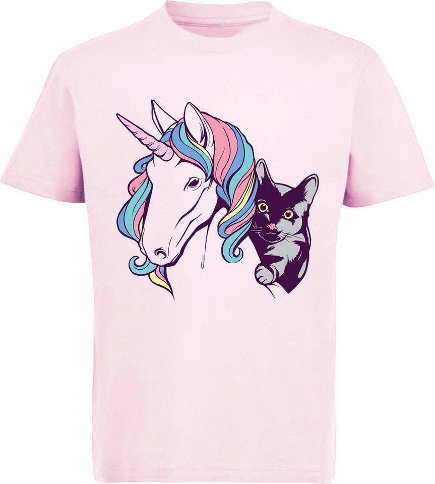 MyDesign24 Print-Shirt bedrucktes Kinder Mädchen Einhorn T-Shirt mit Katze Baumwollshirt mit Aufdruck, i210 von MyDesign24
