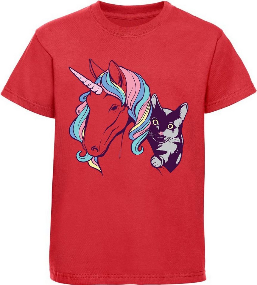 MyDesign24 Print-Shirt bedrucktes Kinder Mädchen Einhorn T-Shirt mit Katze Baumwollshirt mit Aufdruck, i210 von MyDesign24