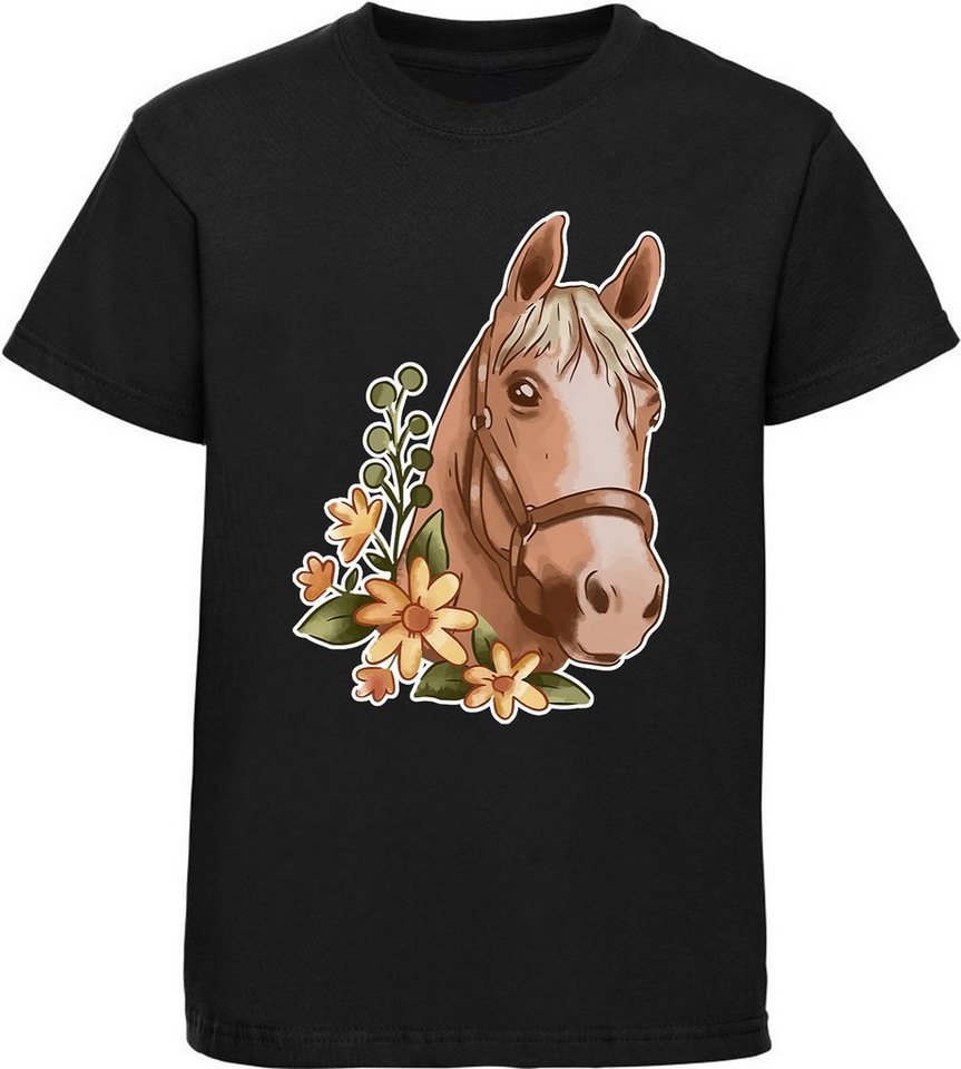 MyDesign24 Print-Shirt bedrucktes Kinder Mädchen T-Shirt - Brauner Pferdekopf mit Blumen Baumwollshirt mit Aufdruck, i179 von MyDesign24
