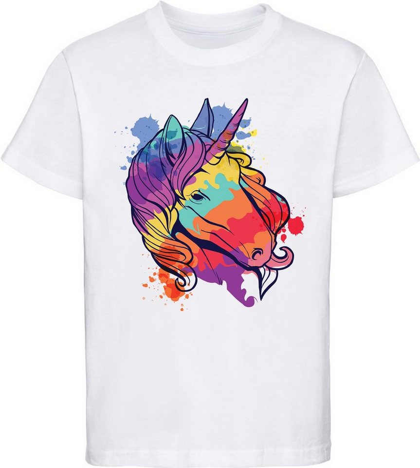 MyDesign24 Print-Shirt bedrucktes Kinder Mädchen T-Shirt - Einhorn Kopf bunt Baumwollshirt mit Aufdruck, i193 von MyDesign24