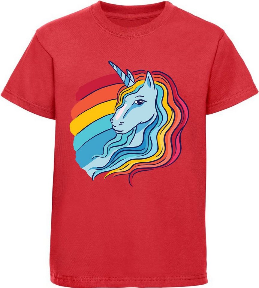 MyDesign24 Print-Shirt bedrucktes Kinder Mädchen T-Shirt - Einhorn Kopf mit Regenbogen Baumwollshirt mit Aufdruck, i194 von MyDesign24