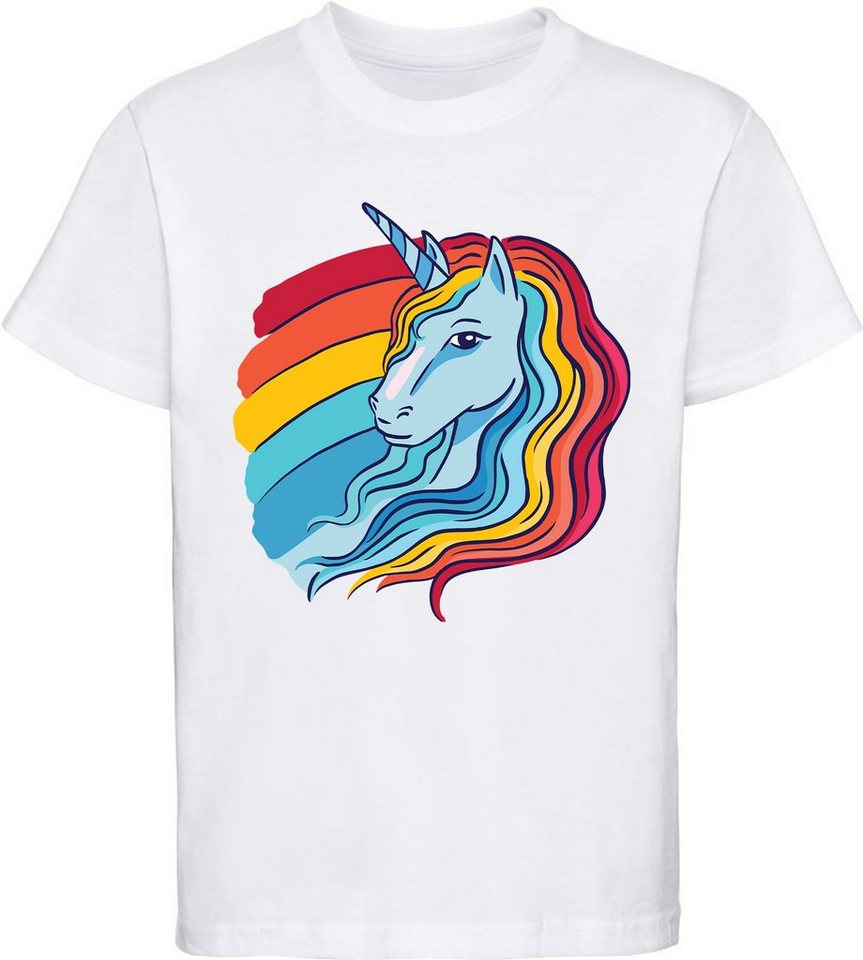 MyDesign24 Print-Shirt bedrucktes Kinder Mädchen T-Shirt - Einhorn Kopf mit Regenbogen Baumwollshirt mit Aufdruck, i194 von MyDesign24