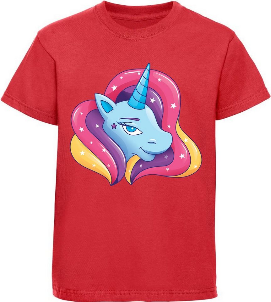 MyDesign24 Print-Shirt bedrucktes Kinder Mädchen T-Shirt - Einhorn Kopf mit Regenbogenmähne Baumwollshirt mit Aufdruck, i195 von MyDesign24