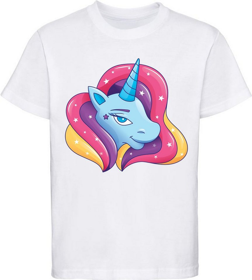 MyDesign24 Print-Shirt bedrucktes Kinder Mädchen T-Shirt - Einhorn Kopf mit Regenbogenmähne Baumwollshirt mit Aufdruck, i195 von MyDesign24