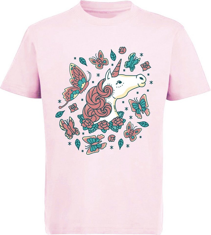 MyDesign24 Print-Shirt bedrucktes Kinder Mädchen T-Shirt - Einhorn Kopf mit Schmetterlingen Baumwollshirt mit Aufdruck, i190 von MyDesign24