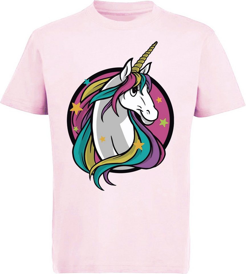 MyDesign24 Print-Shirt bedrucktes Kinder Mädchen T-Shirt - Einhorn Kopf mit Sternen Baumwollshirt mit Aufdruck, i188 von MyDesign24