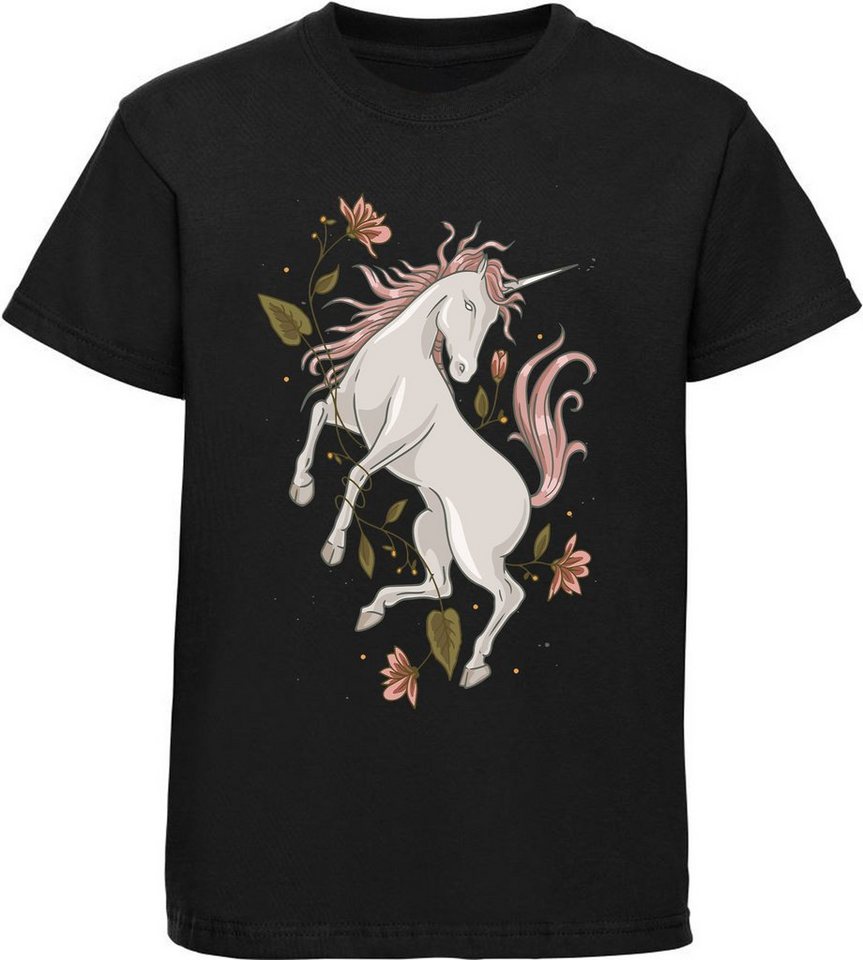 MyDesign24 Print-Shirt bedrucktes Kinder Mädchen T-Shirt - Einhorn mit Blumen Baumwollshirt mit Aufdruck, i186 von MyDesign24