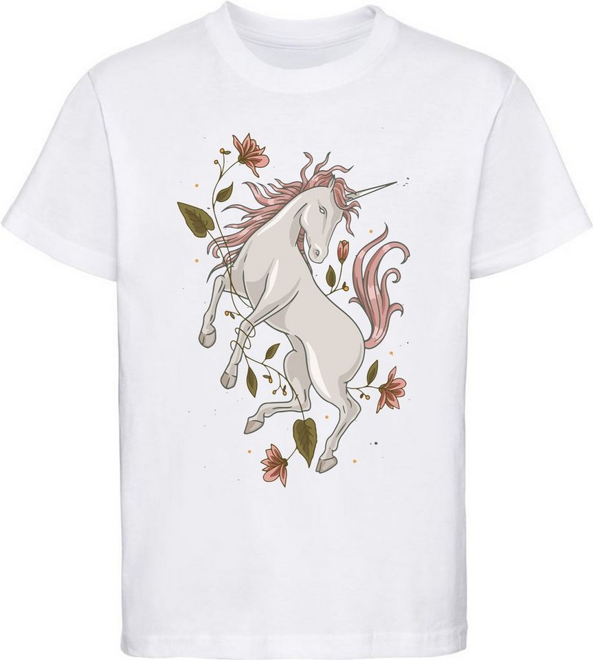 MyDesign24 Print-Shirt bedrucktes Kinder Mädchen T-Shirt - Einhorn mit Blumen Baumwollshirt mit Aufdruck, i186 von MyDesign24