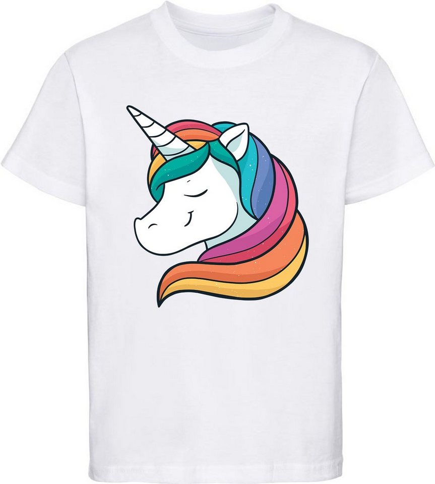 MyDesign24 Print-Shirt bedrucktes Kinder Mädchen T-Shirt - Einhorn mit Regenbogen Haaren Baumwollshirt mit Aufdruck, i207 von MyDesign24