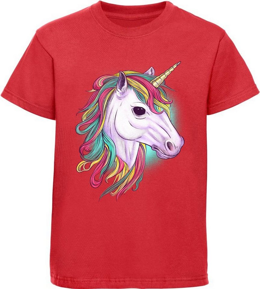 MyDesign24 Print-Shirt bedrucktes Kinder Mädchen T-Shirt - Einhorn mit bunter Mähne Baumwollshirt mit Aufdruck, i198 von MyDesign24