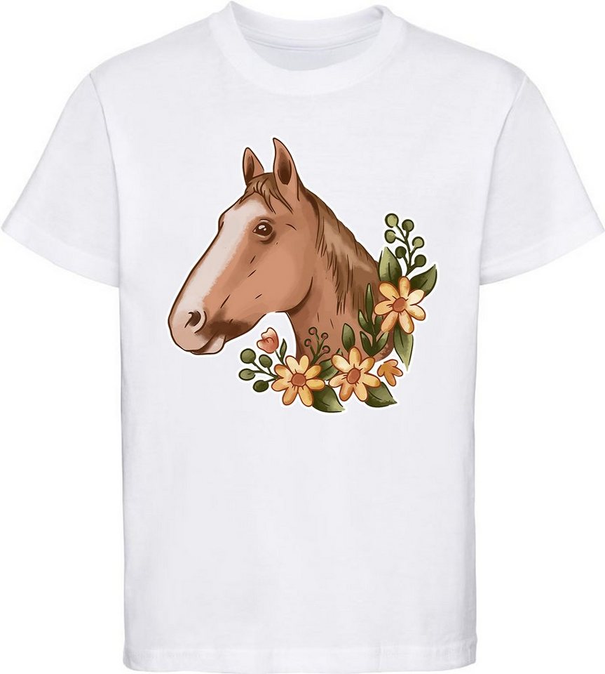 MyDesign24 Print-Shirt bedrucktes Kinder Mädchen T-Shirt - Hellbrauner Pferdekopf und Blumen Baumwollshirt mit Aufdruck, i181 von MyDesign24