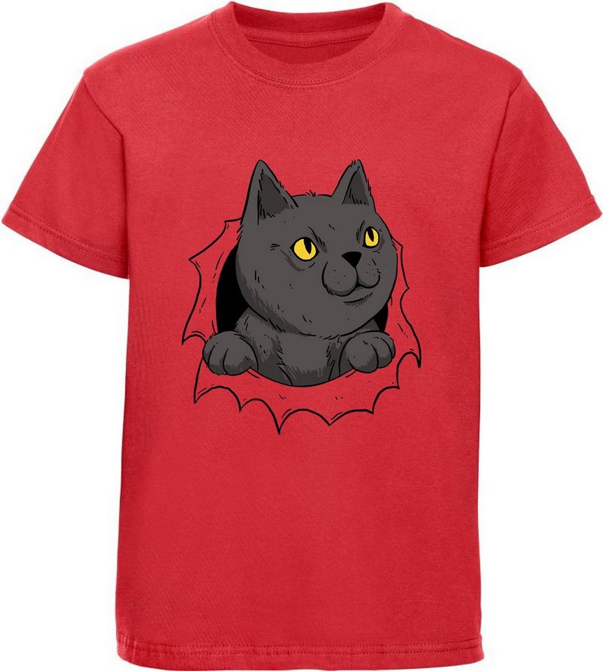 MyDesign24 Print-Shirt bedrucktes Kinder Mädchen T-Shirt Katze die aus einem Loch kommt Baumwollshirt mit Katze, weiß, schwarz, rot, rosa, i105 von MyDesign24