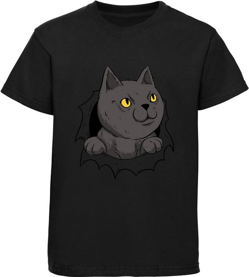 MyDesign24 Print-Shirt bedrucktes Kinder Mädchen T-Shirt Katze die aus einem Loch kommt Baumwollshirt mit Katze, weiß, schwarz, rot, rosa, i105 von MyDesign24