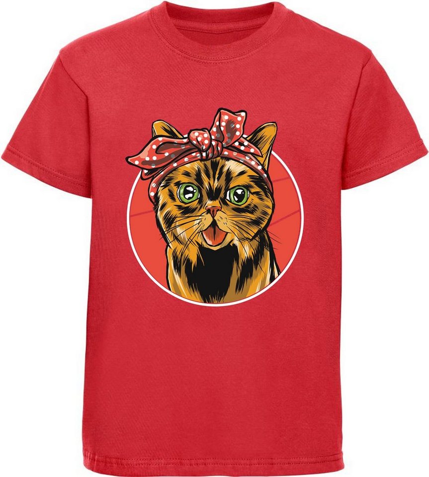 MyDesign24 Print-Shirt bedrucktes Kinder Mädchen T-Shirt Katze mit Schleife Baumwollshirt mit Katze, weiß, schwarz, rot, rosa, i103 von MyDesign24