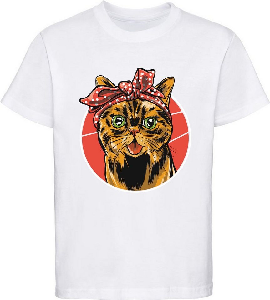 MyDesign24 Print-Shirt bedrucktes Kinder Mädchen T-Shirt Katze mit Schleife Baumwollshirt mit Katze, weiß, schwarz, rot, rosa, i103 von MyDesign24
