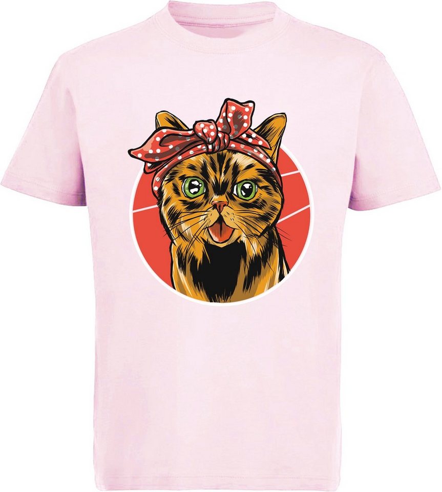 MyDesign24 Print-Shirt bedrucktes Kinder Mädchen T-Shirt Katze mit Schleife Baumwollshirt mit Katze, weiß, schwarz, rot, rosa, i103 von MyDesign24