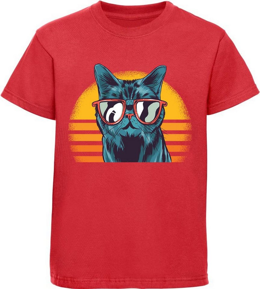 MyDesign24 Print-Shirt bedrucktes Kinder Mädchen T-Shirt coole Retro Katze mit Sonnenbrille Baumwollshirt mit Katze, weiß, schwarz, rot, rosa, i102 von MyDesign24